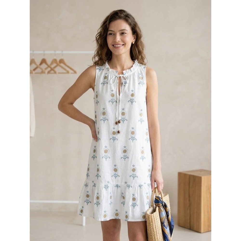 Oliphant White Blue Floral Block Print Ruffle Neck Cotton Mini Dress Small